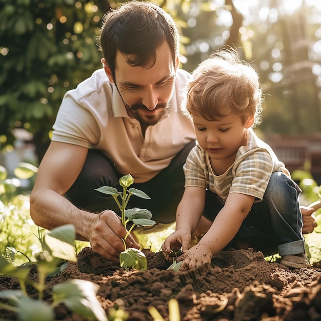 Children planting small tree in sunset concept save earth