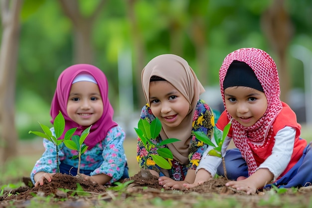 children planting tree in a forest