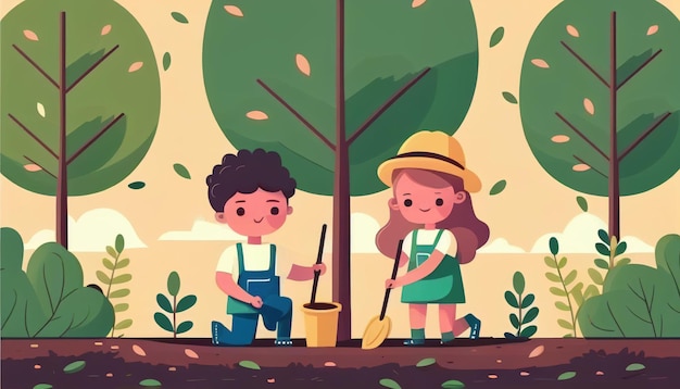 Children planting a tree for health the world and environment Created with Generative AI technology