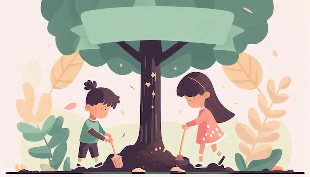 Children planting a tree for health the world and environment Created with Generative AI technology