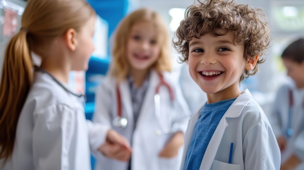 Photo children playfully interacting with medical tech in a clinic as doctors prepare for routine health checkups