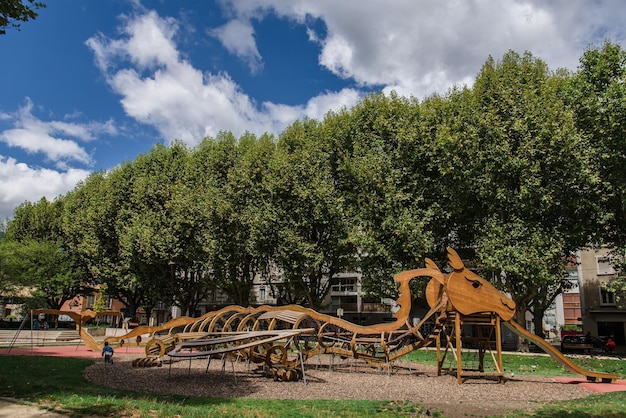 Children Playground with Wooden Dragon Slide