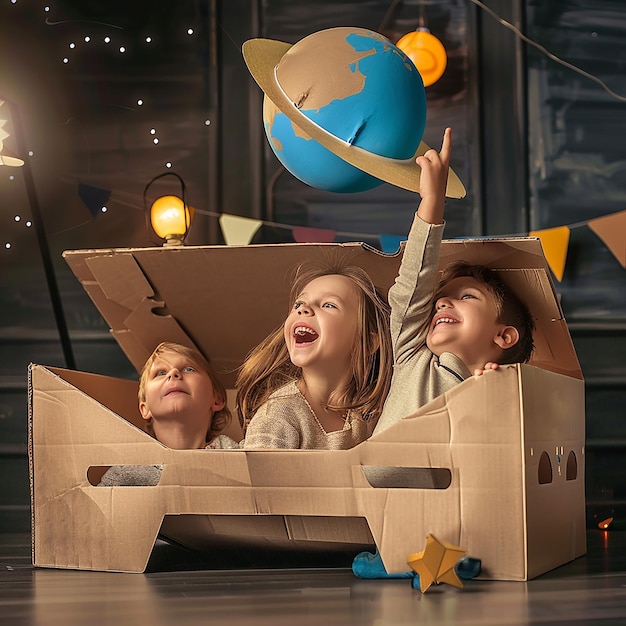 Photo children playing in a cardboard box turned space shuttle