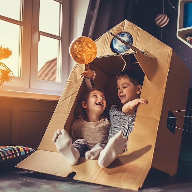 Photo children playing in a cardboard box turned space shuttle