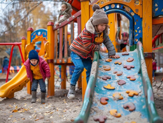 Photo children playing on colorful playground equipment in autumn afternoon sunshine