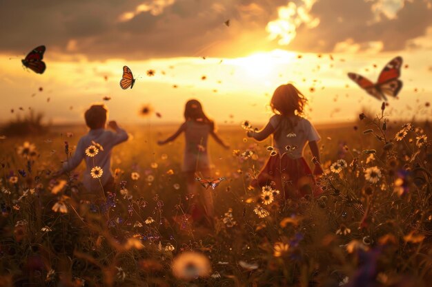 Children Playing in a Field of Flowers at Sunset