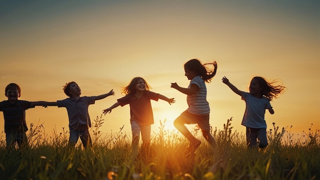 children playing in a field with the sun behind them