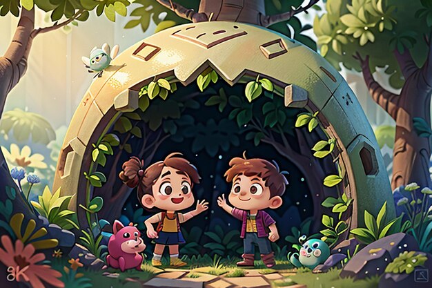 Photo children playing in the forest cartoon forest children paradise wallpaper background illustration