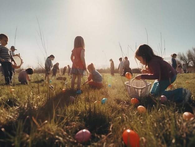 Children playing in the grass with easter eggs