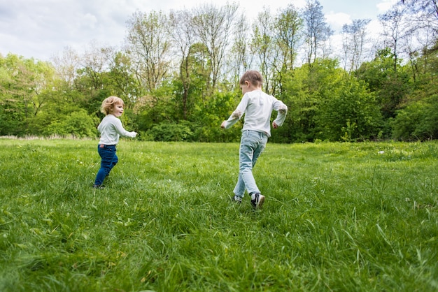 Children playing on the green grass outdoor, runnig and have a fun