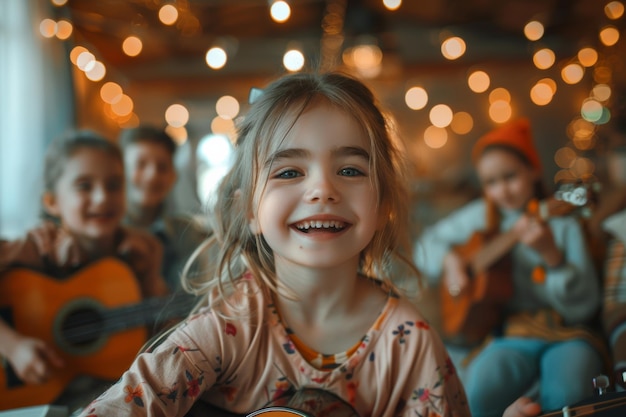 Photo children playing guitars and singing