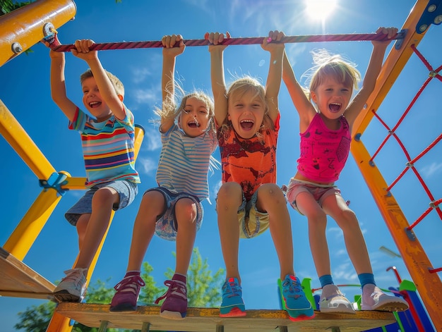 Children Playing Happily on Playground on a Bright Sunny DayJoyful children experiencing