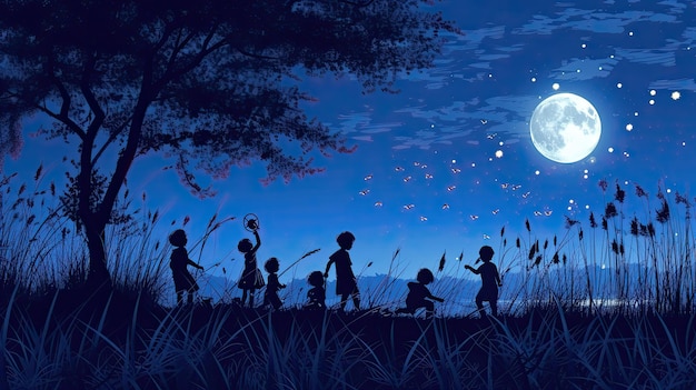 Children playing under the moonlight after breaking their fast