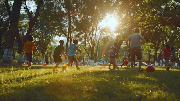 Photo children playing in park at sunset