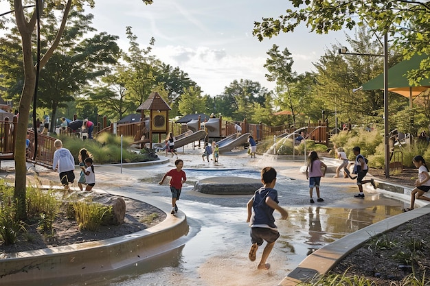 Photo children playing in a park with a water fountain and a building in the background