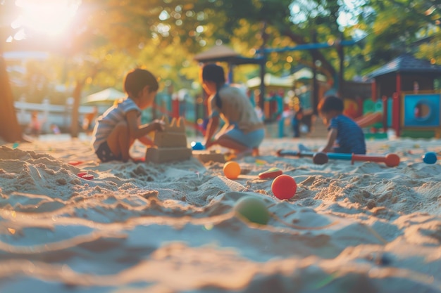 Photo children playing in a sandbox at a playground