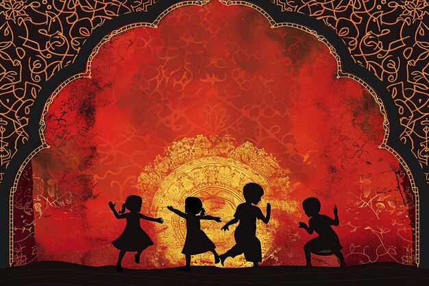 Photo children playing silhouette greeting card for mawlid al nabi in red black and gold colors