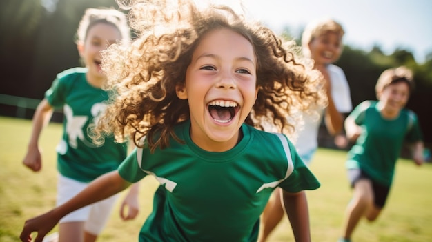 Children playing soccer on a sunny day