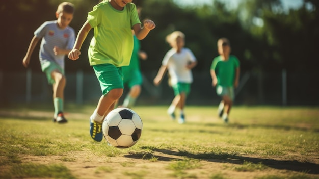 Children playing soccer on a sunny day