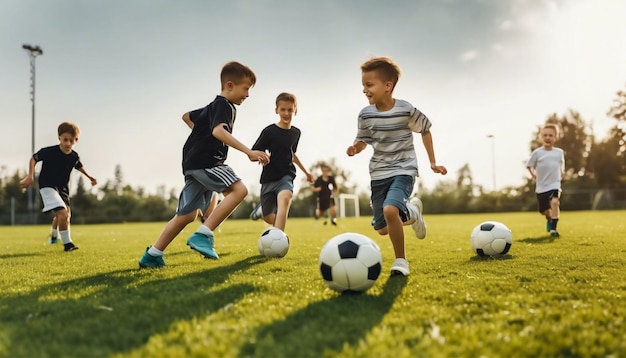 children playing soccer with a ball and the word  soccer  on the back