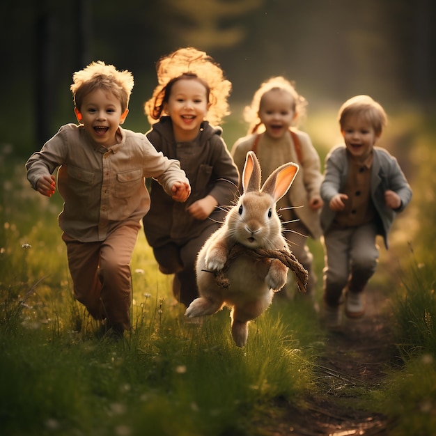 Children Playing Tag with Easter Bunny