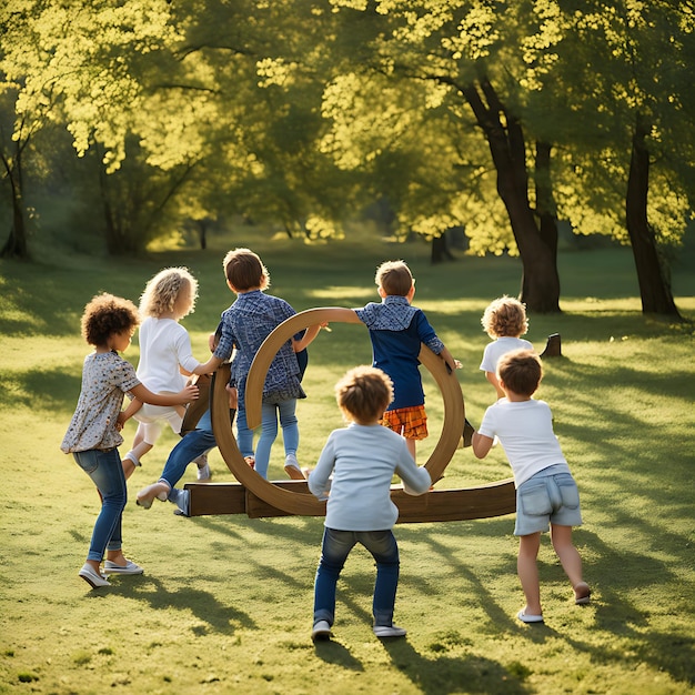 Photo children playing together in the garden flower garden and playground on children day