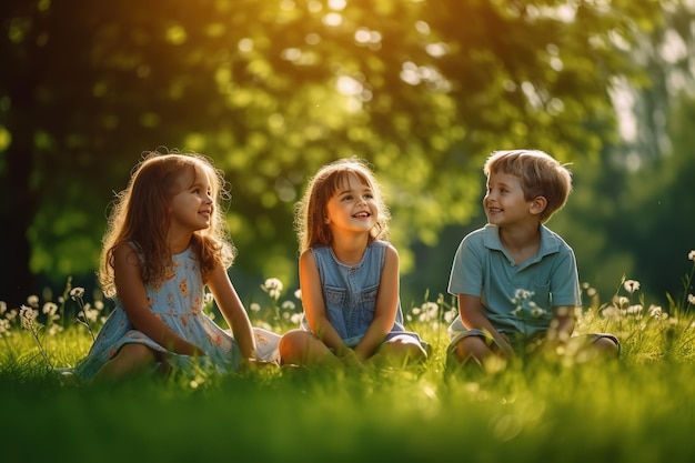 children playing together in a park at sunny day