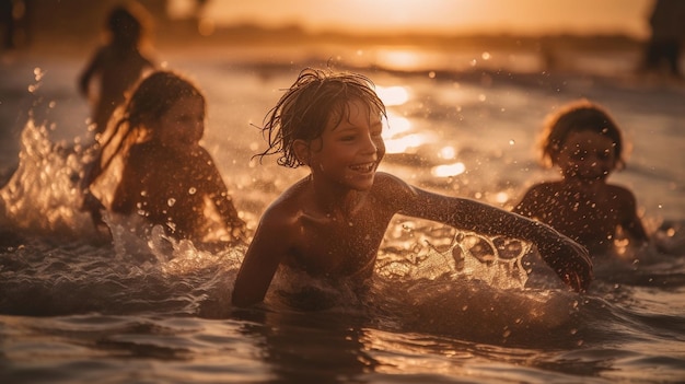 Children playing in the water at sunset