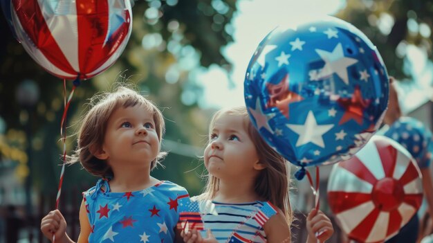 Photo children playing with american flagthemed balloons and toys on memorial day