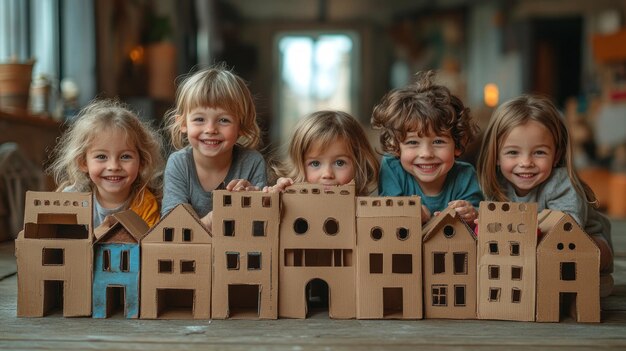 Photo children playing with cardboard houses