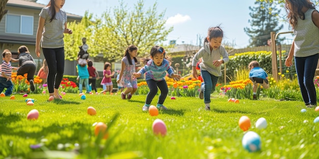 Children playing with easter eggs in the grassy meadow aige