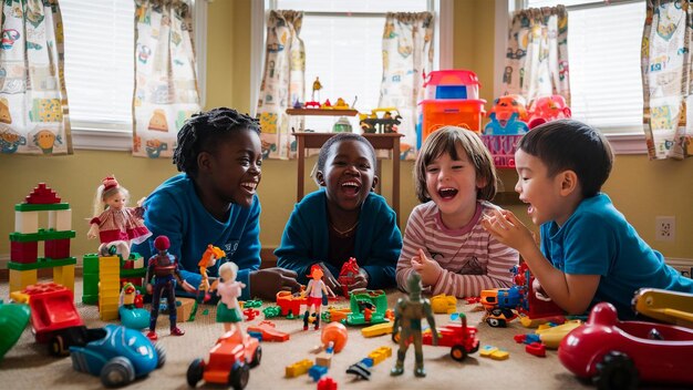 children playing with legos and one of them has a red shirt on