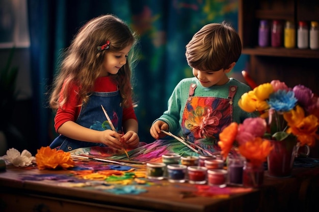 children playing with a paintbrush and a colorful cloth