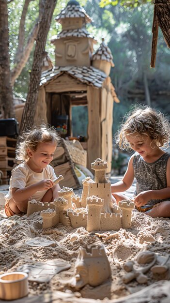 Photo children playing with sand building sandcastles in outdoor play area