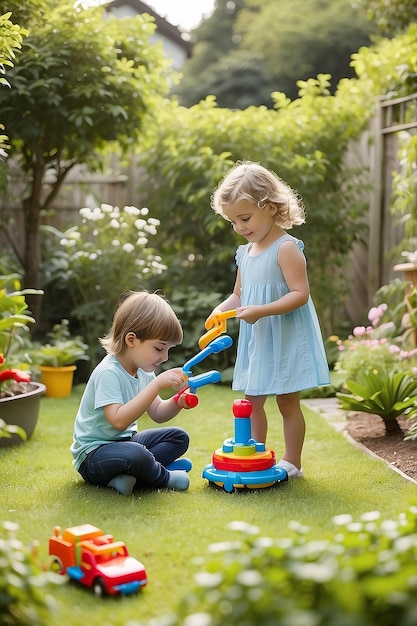 Photo children playing with toy in garden