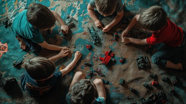 Photo children playing with toy vehicles on a colorful rug engaging in imaginative play