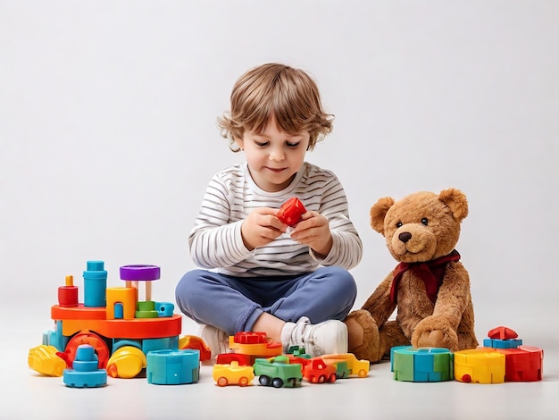 A children playing with toys isolated white background