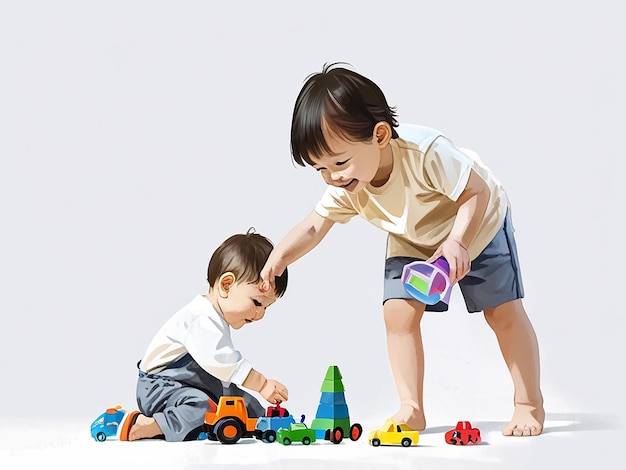 A children playing with toys isolated white background