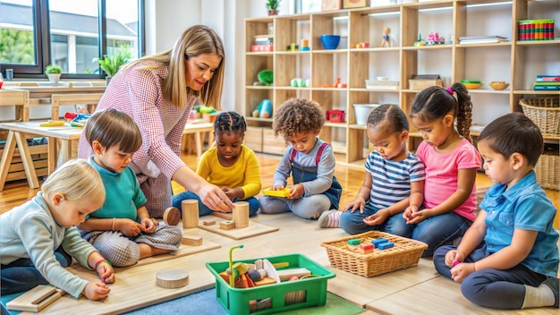 children playing with a wooden board and a woman with a red shirt and blue shirt