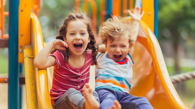 Children Playing on Yellow Slide at Playground