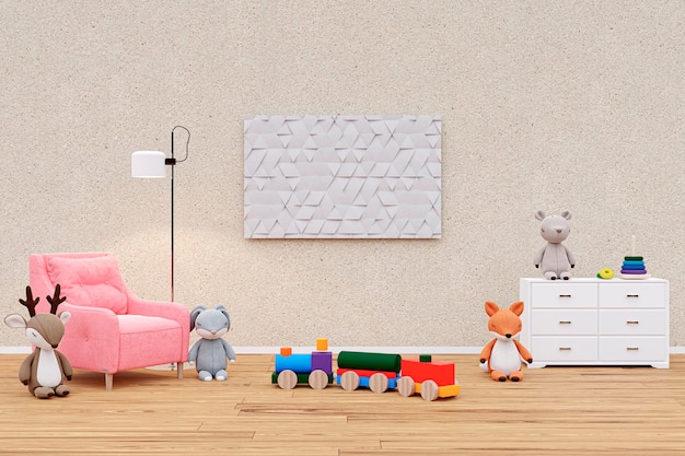 Children playroom with stuffed toy animals 3d rendered illustration