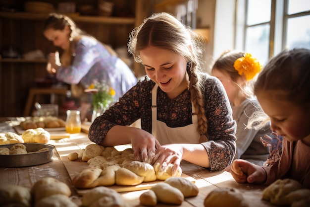 Children preparing homemade cakes in the kitchen Easter bread backing class