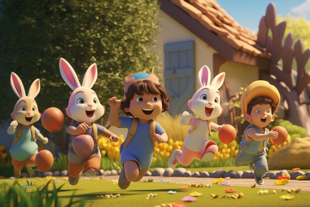 Children and rabbits running to pick up eggs on easter egg hunt 3D cartoon By generative Ai