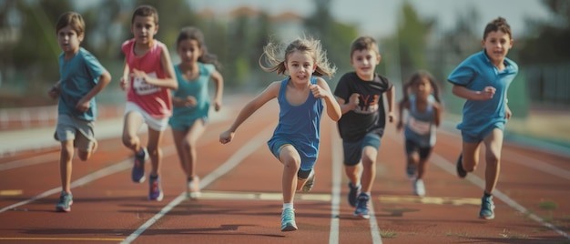 Children race on a track their energy and determination palpable against an energetic bright day backdrop