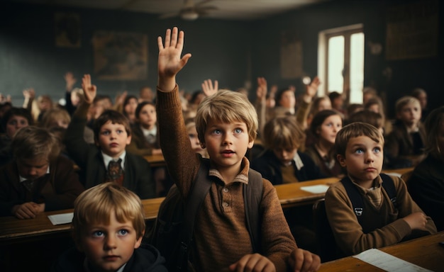 children raising their hands on a school day