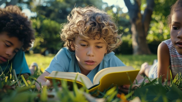 Photo children reading a book outdoors