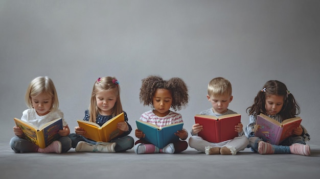 Photo children reading books on grey background