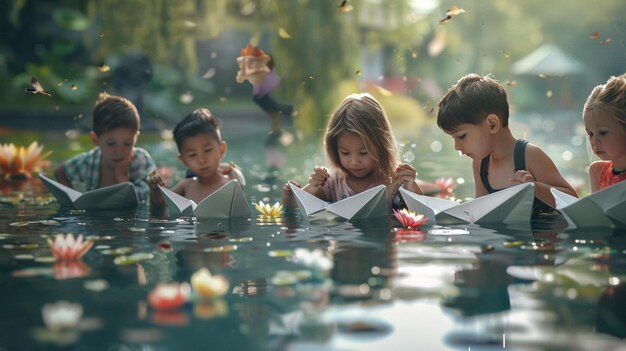 Photo children reading books in the water with a girl reading a book