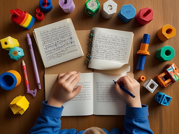 Photo a children reading and writing with toys