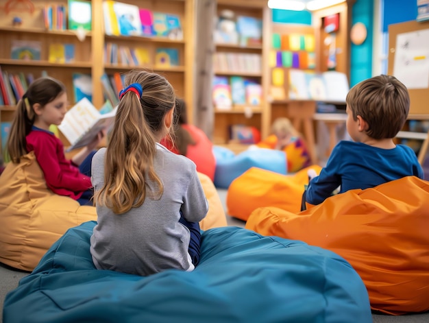 Photo children relaxing and reading in a colorful classroom library